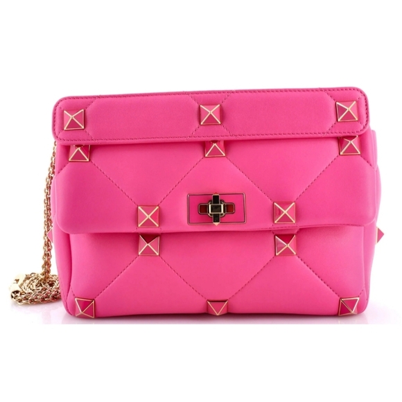 Valentino Garavani Pink Nappa with Chain Roman Stud Large Shoulder Bag - Picture 2 of 9
